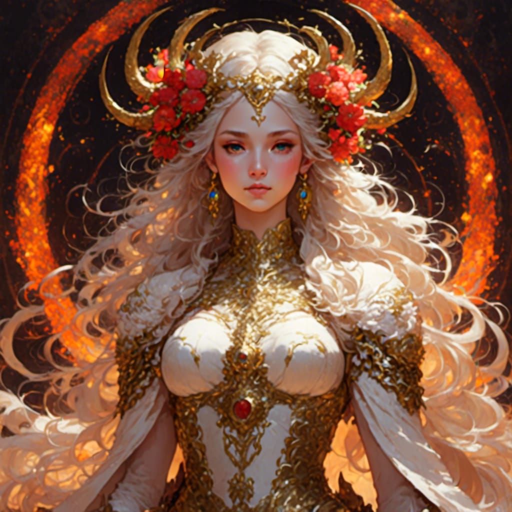 Aries Goddess Leading Celestial Ram in Cartoon Style