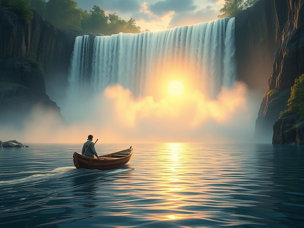 Rowboat on River with Waterfall in Genshin Impact Style