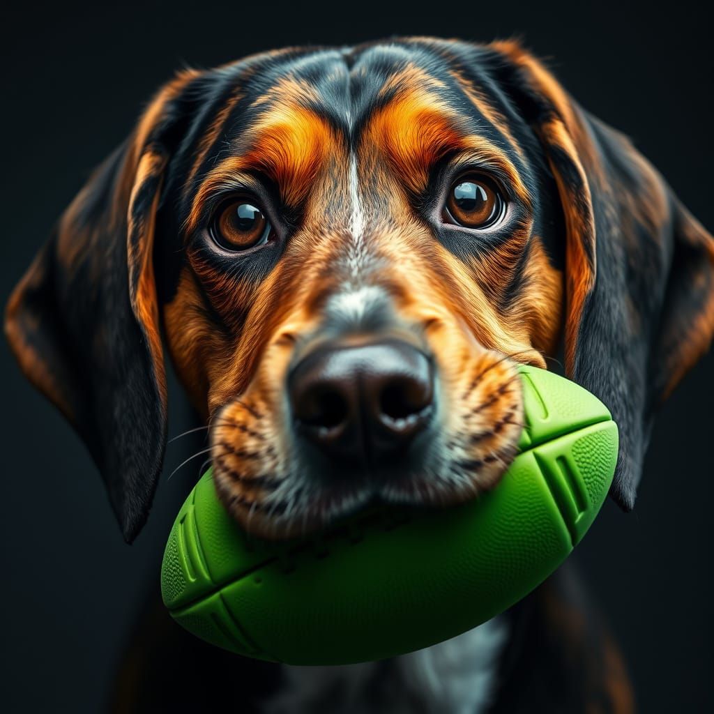 Hyper-Realistic Brindle Hound Dog with Football, Captured wi...