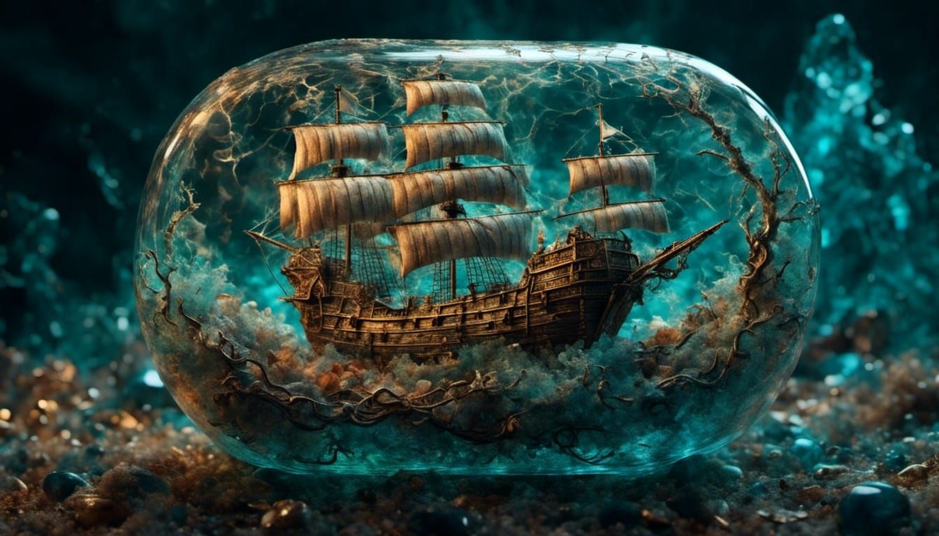 Sunken Pirate Ship in a Bottle, Hyperrealistic Art