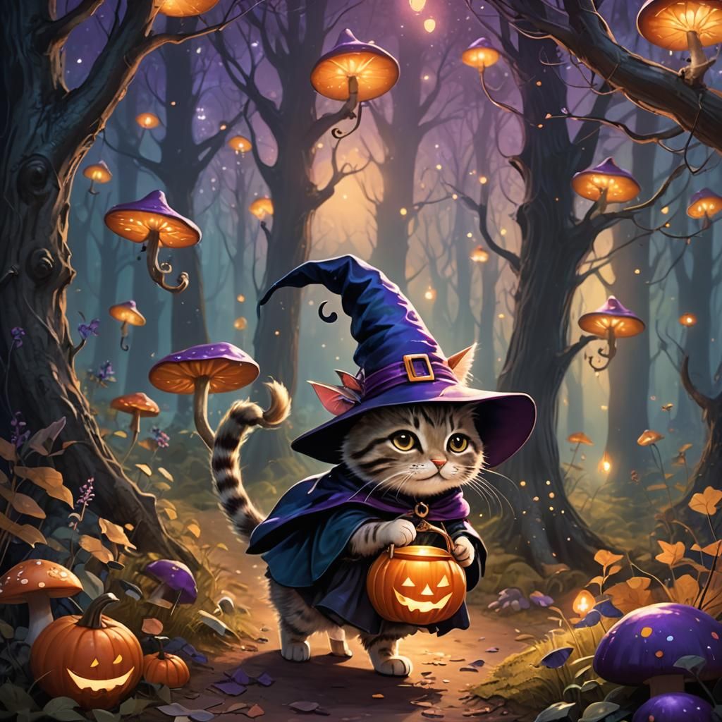 Cute Witch Cat in Mystical Forest, Fantasy Art