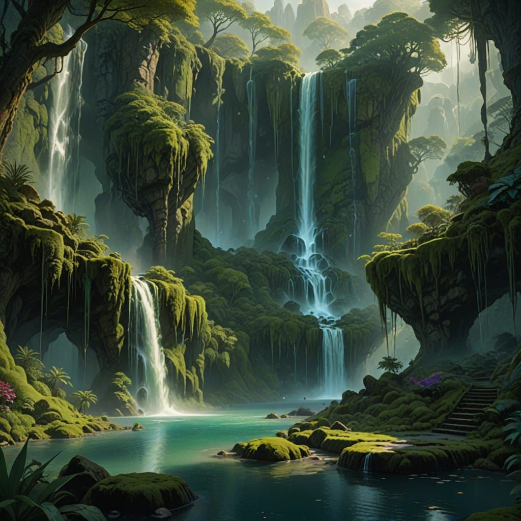 Epic Fantasy Waterfalls in Lush, Glowing Landscape