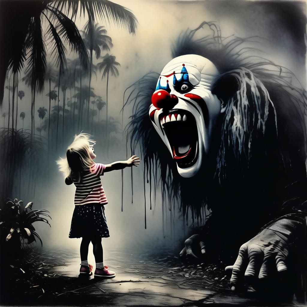 Little Girl Yelling at Clown in Jungle