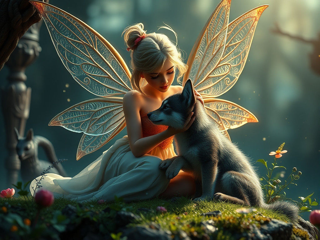 Fairy and Wolf Cub Fantasy Matte Painting