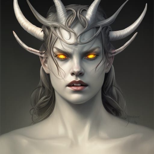 Horned Grey Demon Portrait in Detailed Fantasy Art