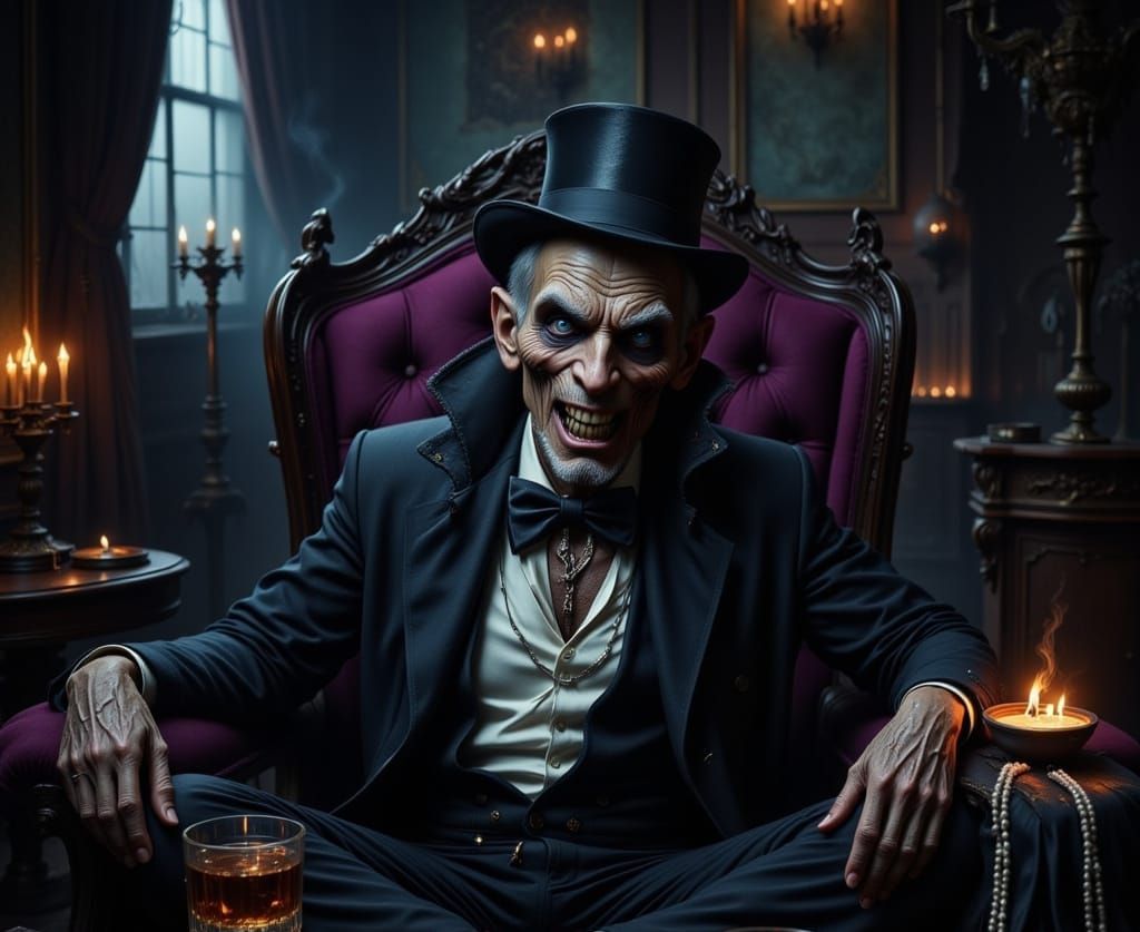 Wrinkled Man in Smokey Room with Jewels