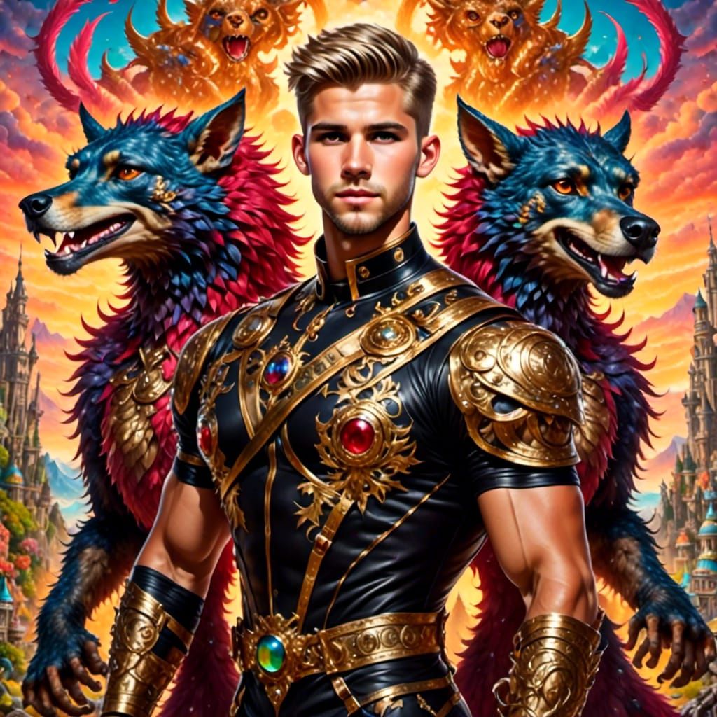 Handsome man with fantasy wolf creatures