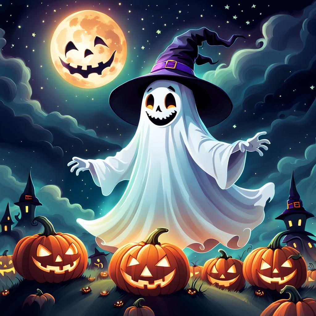 Friendly Ghost in Halloween Night Sky - Digital Art