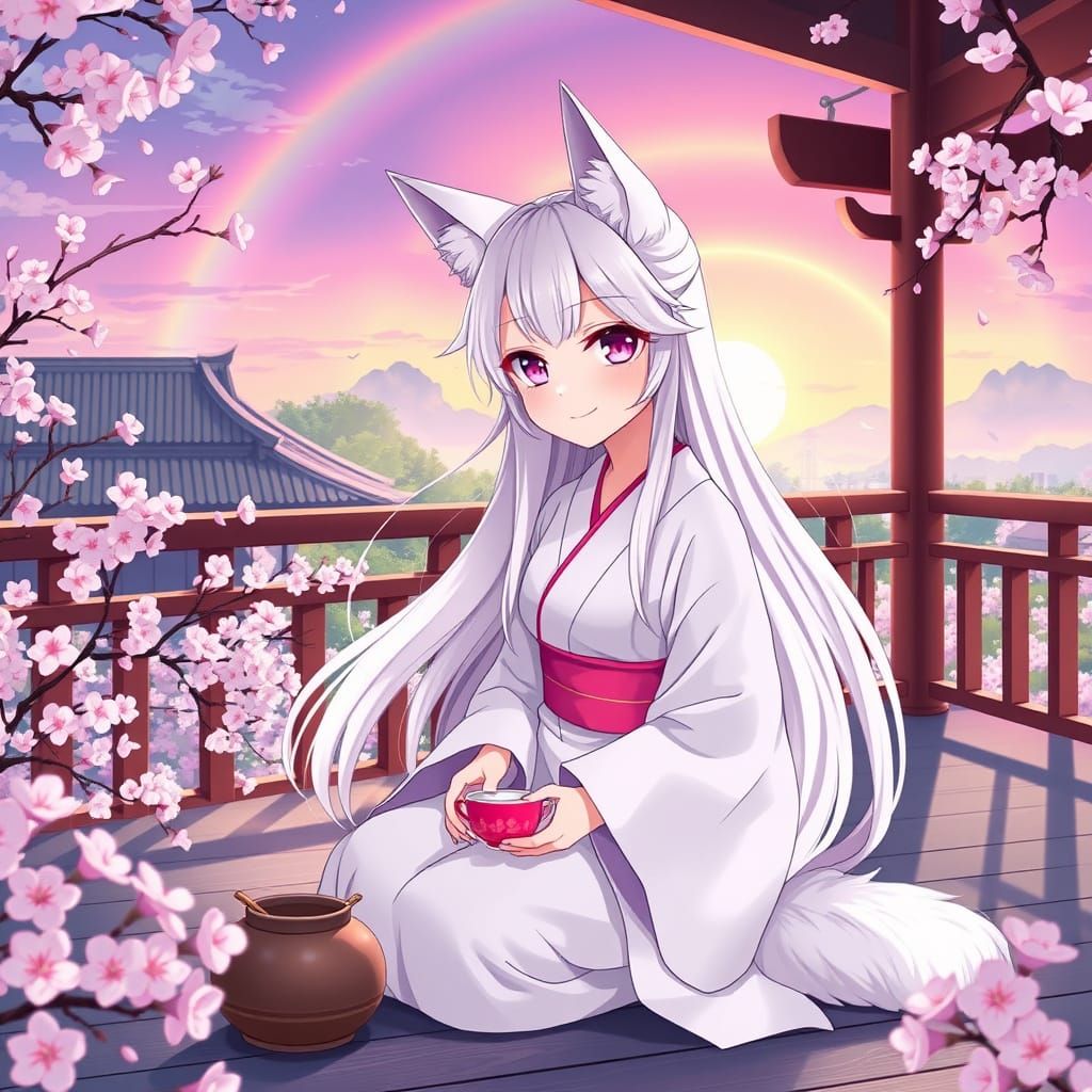 Anime Girl with Wolf Ears in Cherry Blossom Garden