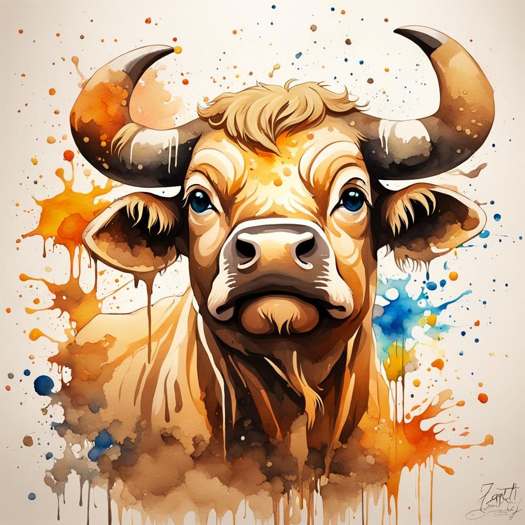 Chibi Taurus Zodiac in Watercolor Graffiti Style