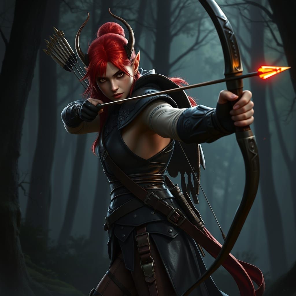 Elven Huntress in Dark Forest: Digital Painting