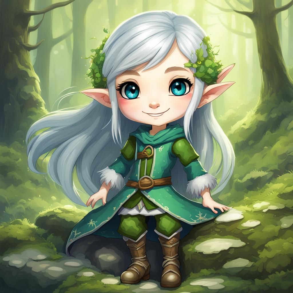 Chibi Elf with Silver Hair and Green Outfit