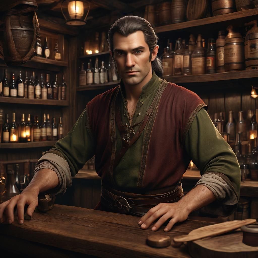 Standing behind the bar in a tavern, a tall, sturdy male hal...