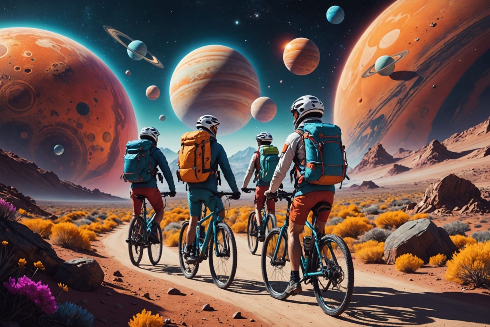 Backpacking Travellers Bicycling Between Colorful Planets