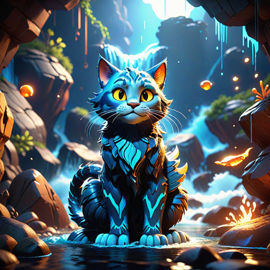 Vibrant Water Elemental Cat on Rocky Shore