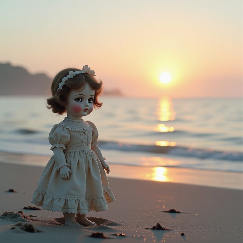 Antique Doll on Misty Beach at Dawn