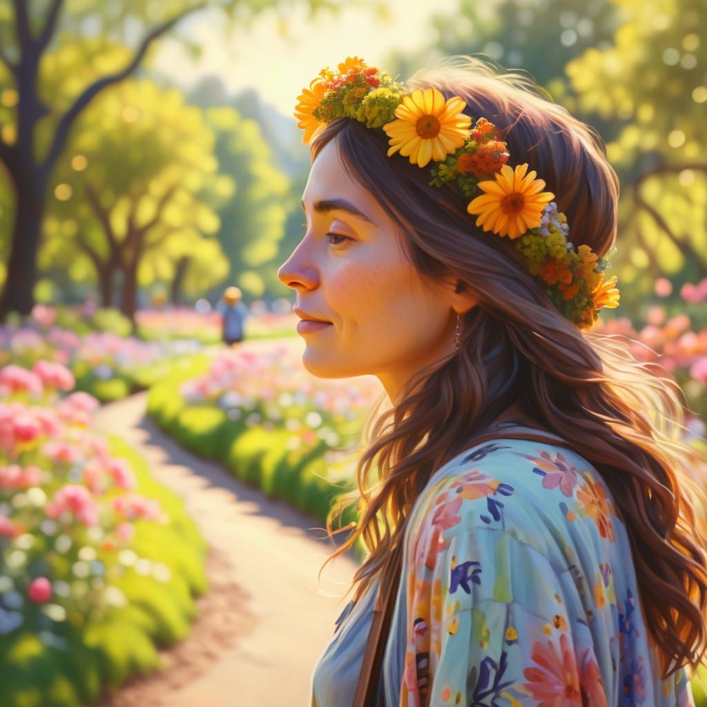 Hippie Woman's Colorful Stroll Through a Magical Park
