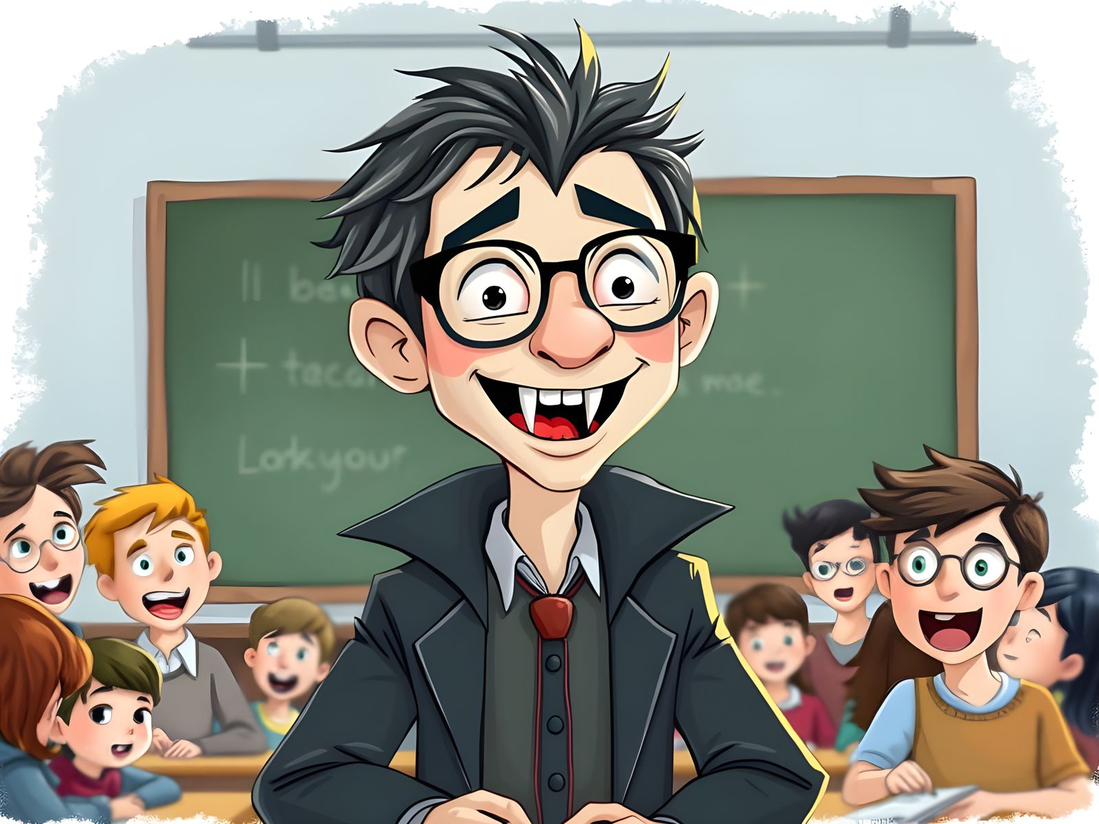Vampire Teacher Stands Before Class in Dark Fantasy Illustra...