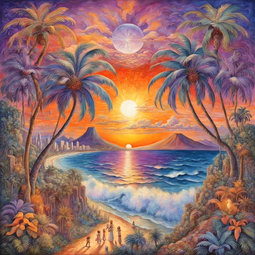 Waikiki Sunset with Diamond Head in Escher Style