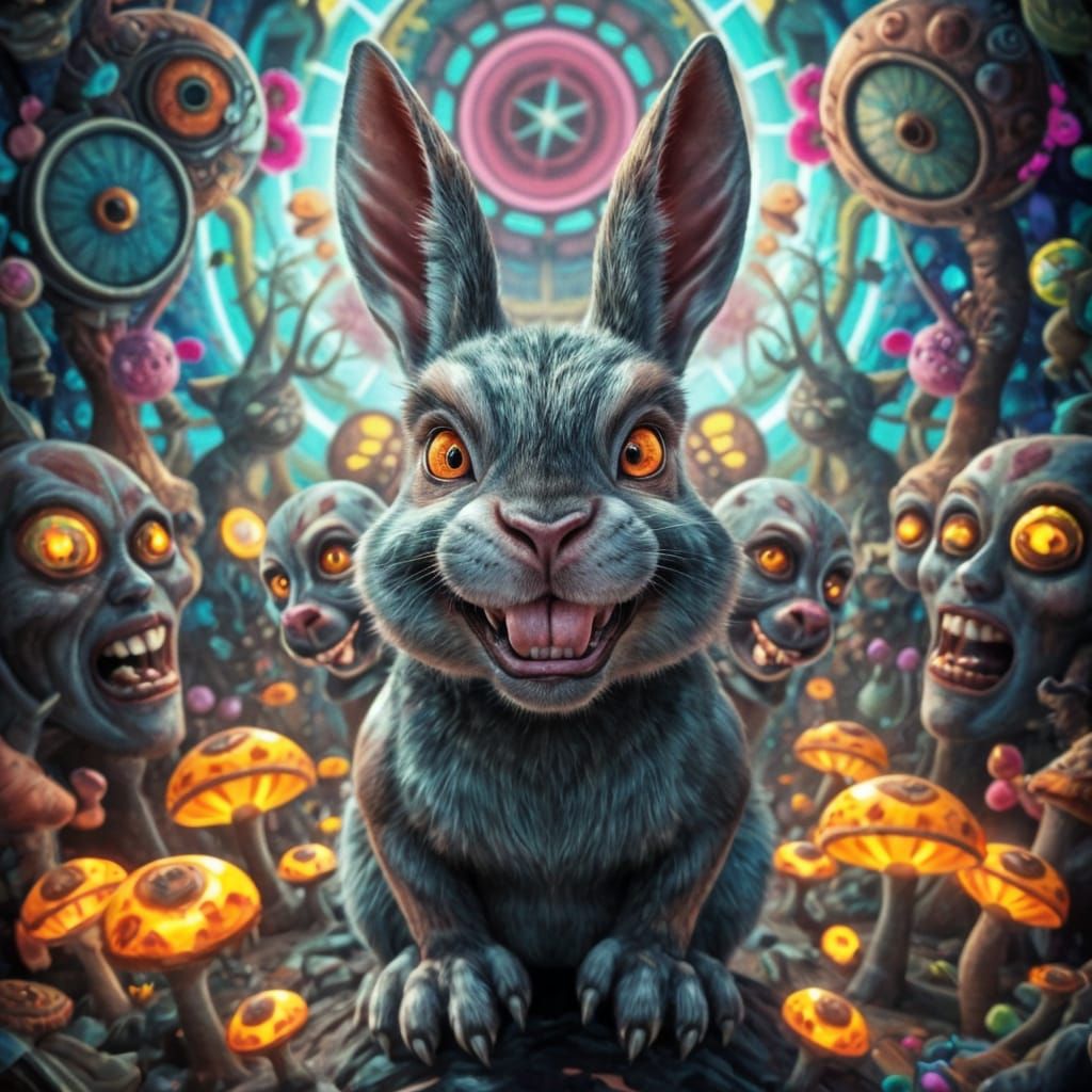 Surreal Rabbit with Distorted Faces in Dreamscape