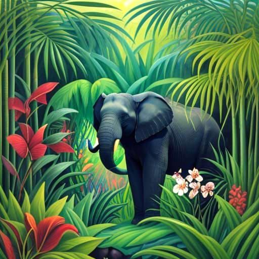 Primitivist Elephant Amidst Vibrant Orchids