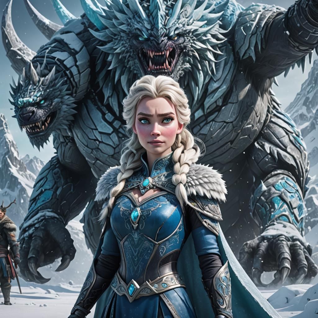 Elsa as Evil Ice Warrior with Snow Monster