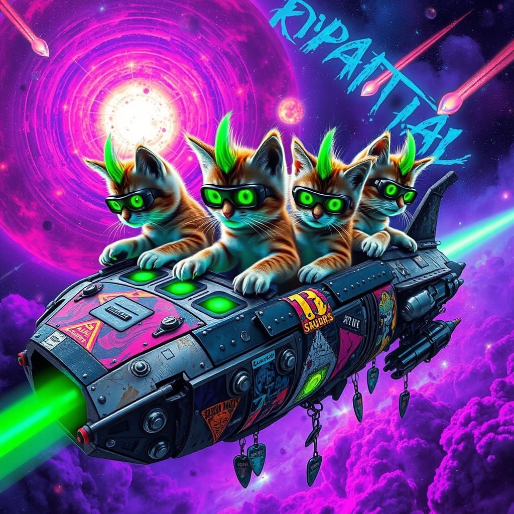 Cyberpunk Kittens Pilot Scrap-Metal Spaceship Through Prisma...