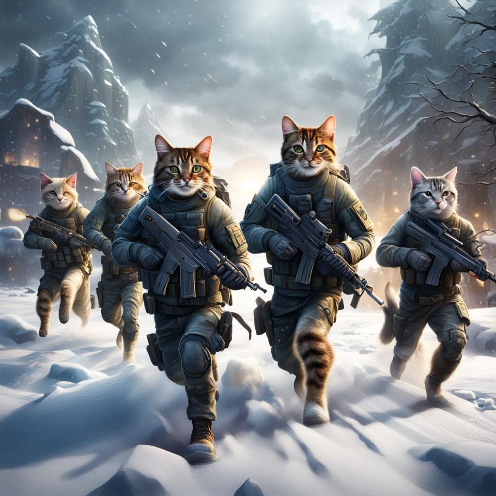 Cats as Soldiers in Winter Combat Gear