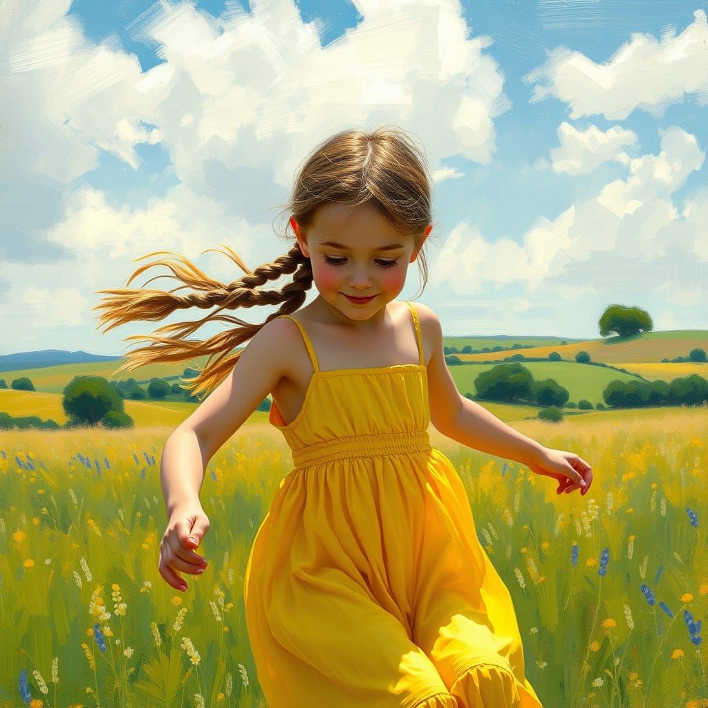 Girl Frolics in Impressionist Landscape on Windy Day