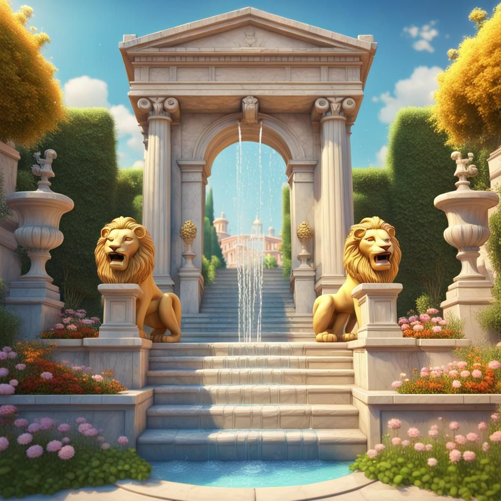 Greek Marble Gate with Golden Lion Fountains