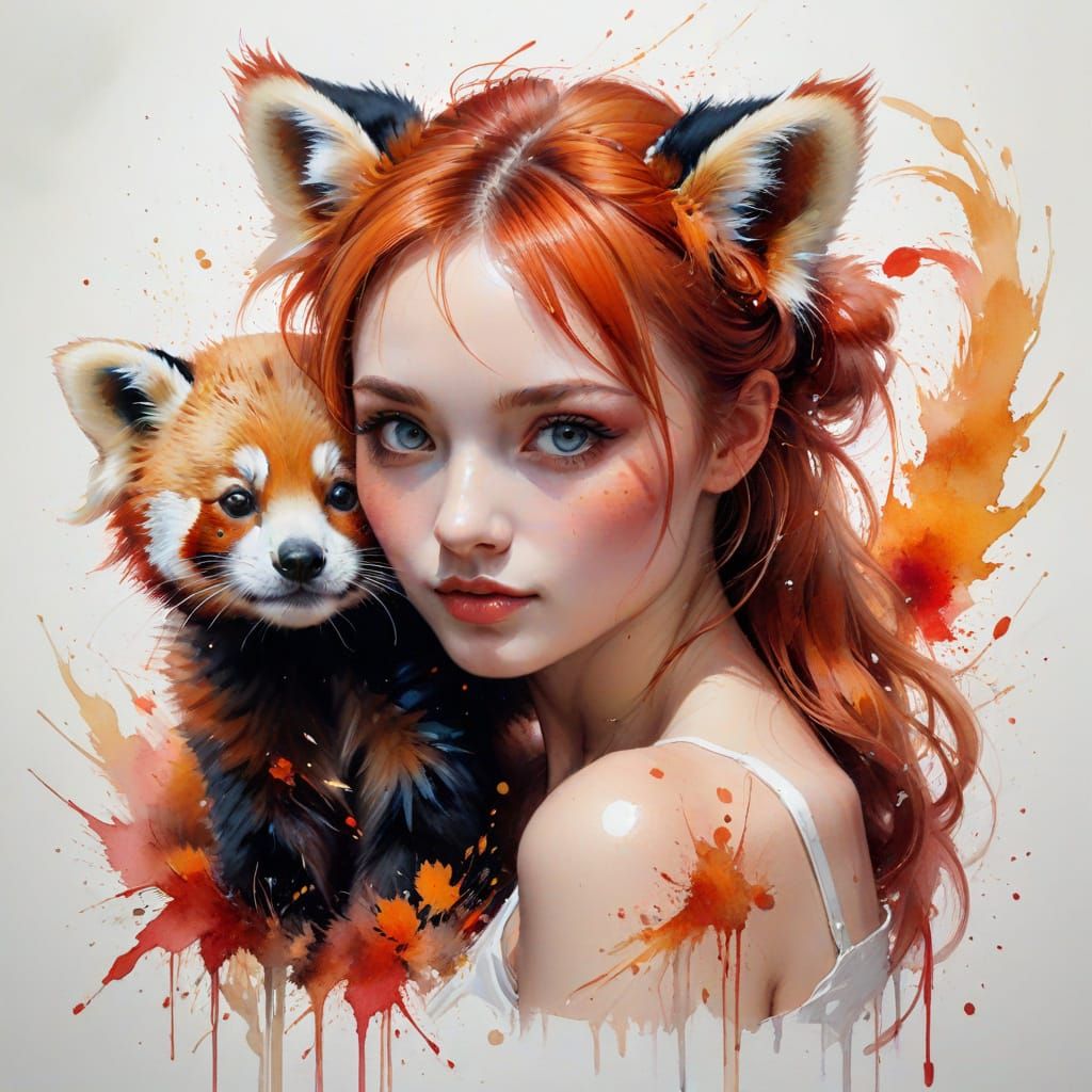 Red Panda Girl Posing with Red Panda in Ethereal Watercolor ...