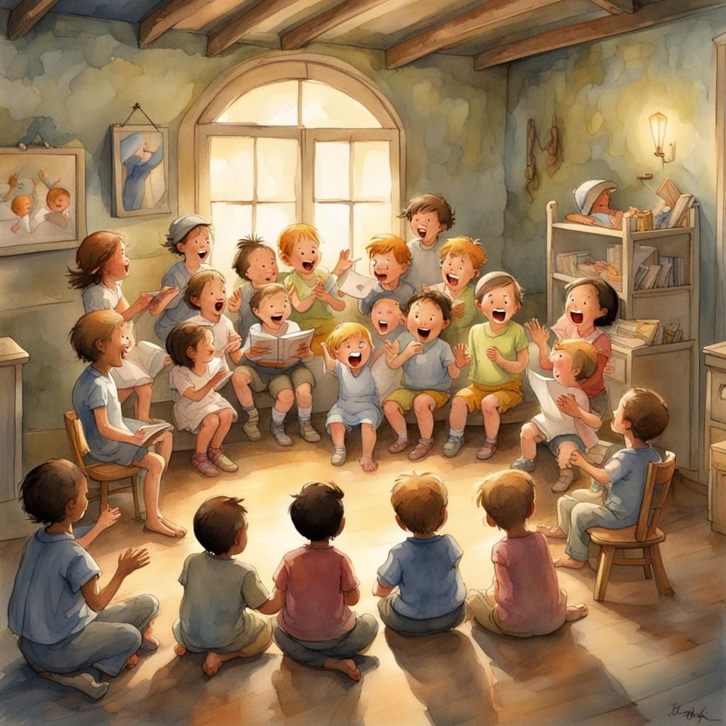 Children Singing in Nursery, Watercolor Storybook Style