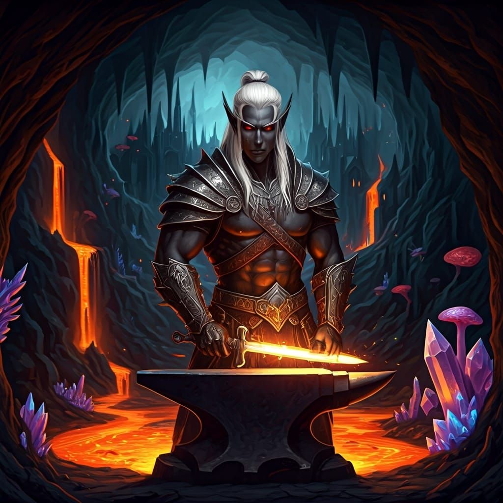 Drow Blacksmith Forging Enchanted Sword in Underdark