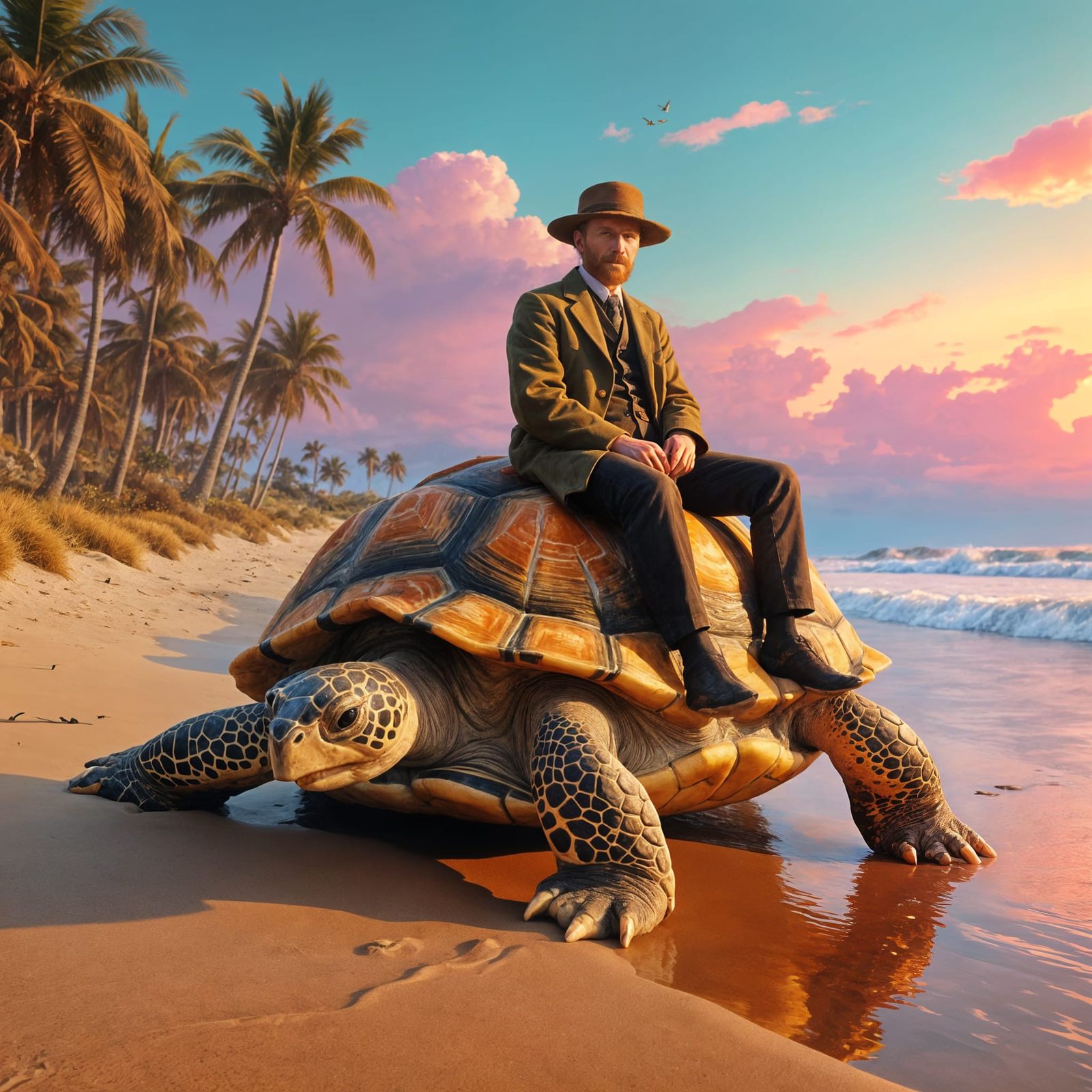Vincent Van Gogh Riding a Majestic Turtle on a Tropical Beac...