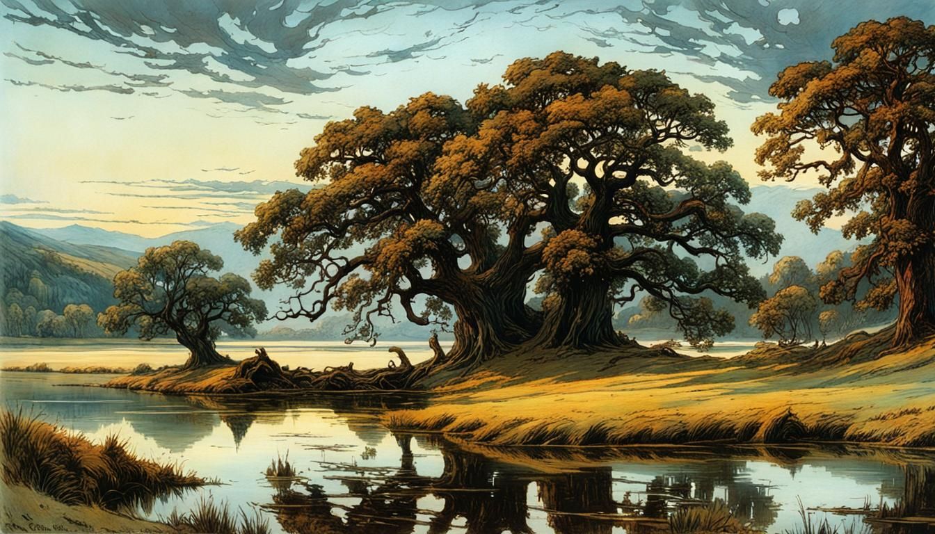 Dusk Landscape with Lake and Oak Trees