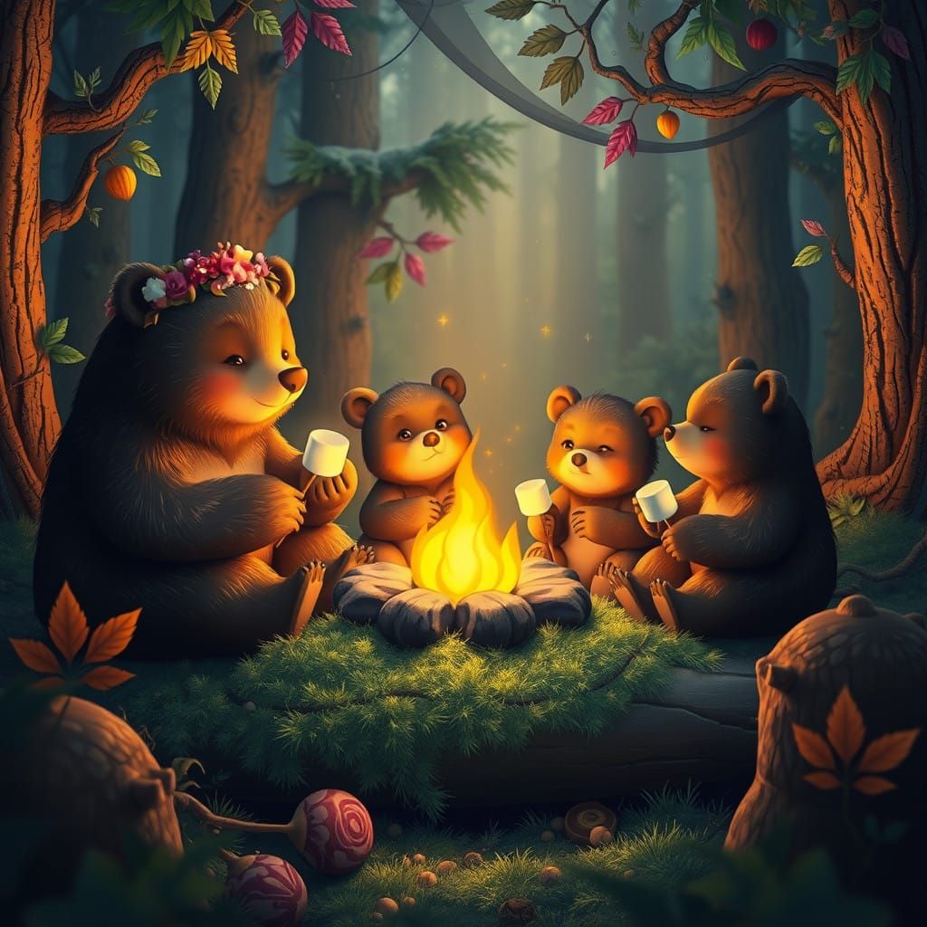 Bears Gather Around a Warm Campfire in an Enchanted Forest,....