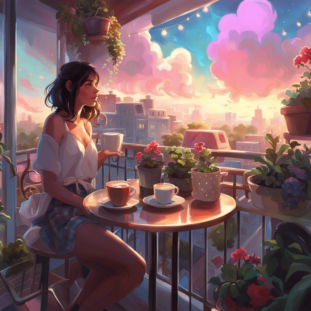 Whimsical Balcony Scene with Coffee, Digital Art
