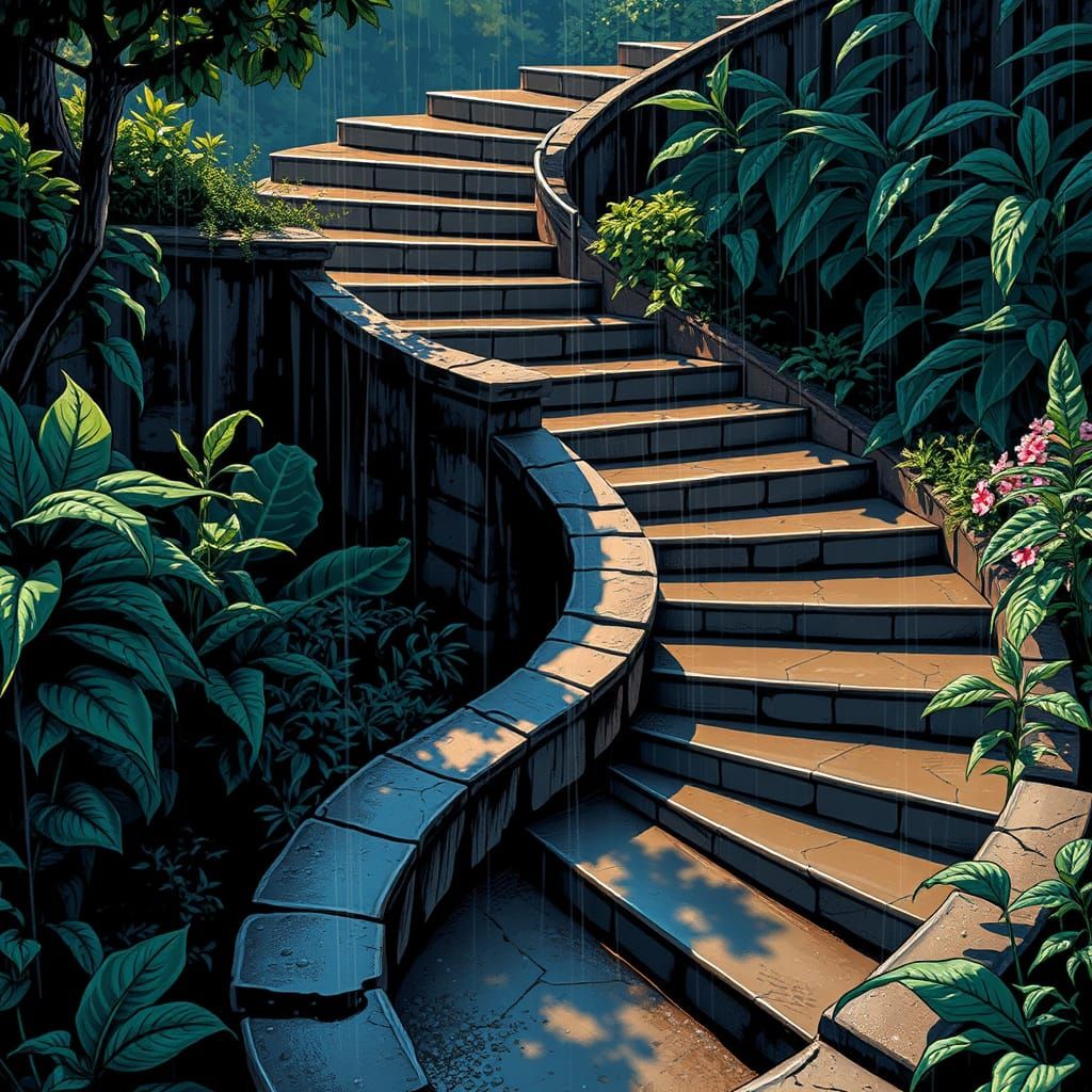 Nature Scene with Zigzag Stairs in Comic Book Art