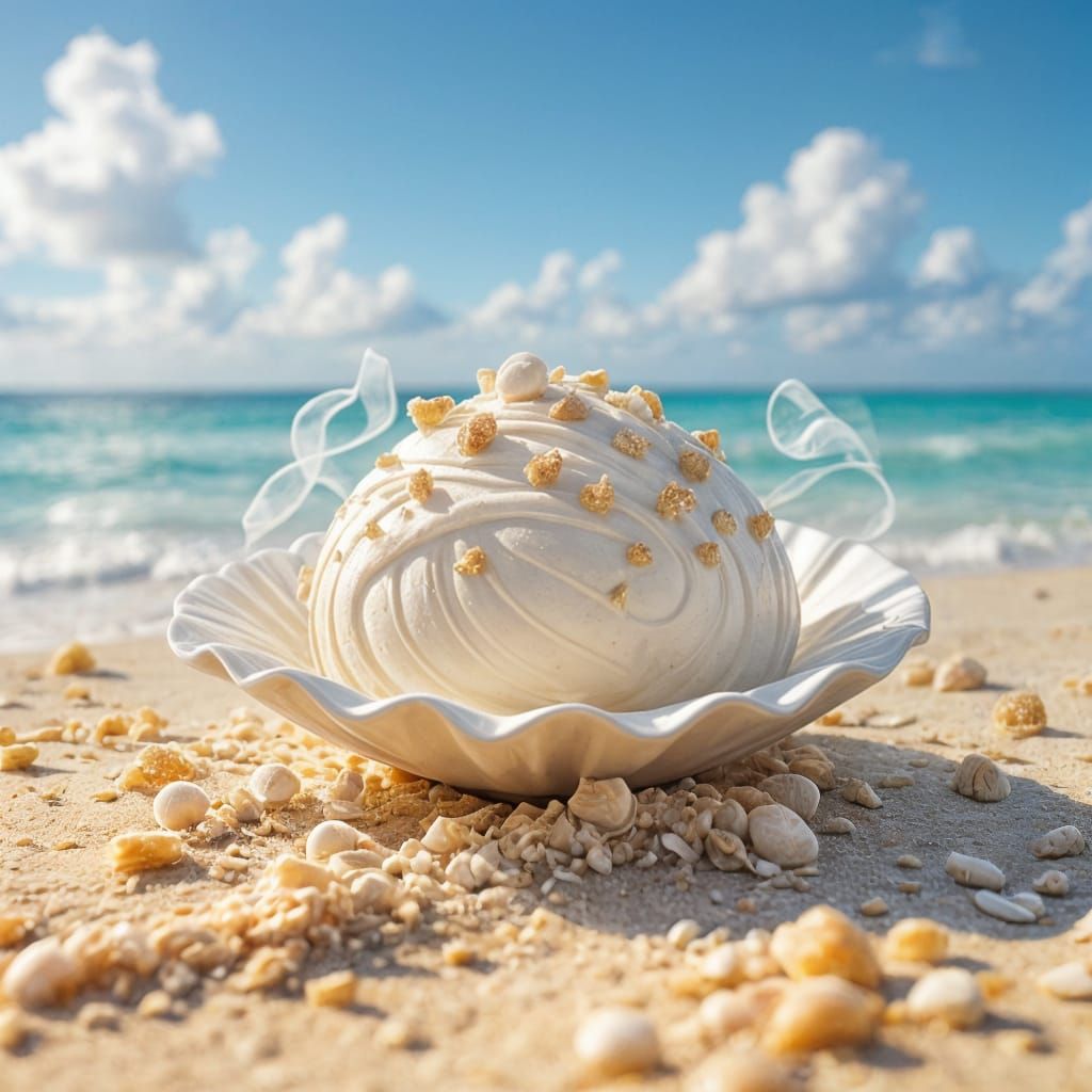 Coconut Mousse Seashell Dessert with Tropical Mist
