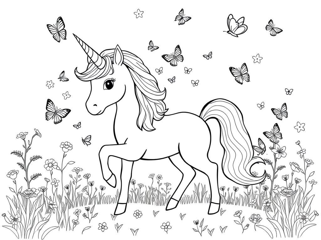 Unicornio con mariposas y pajaritos, hierba y flores y arcoí...