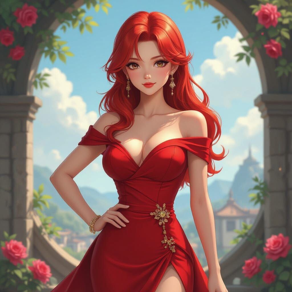 Elegant Red-Haired Woman in Anime Style