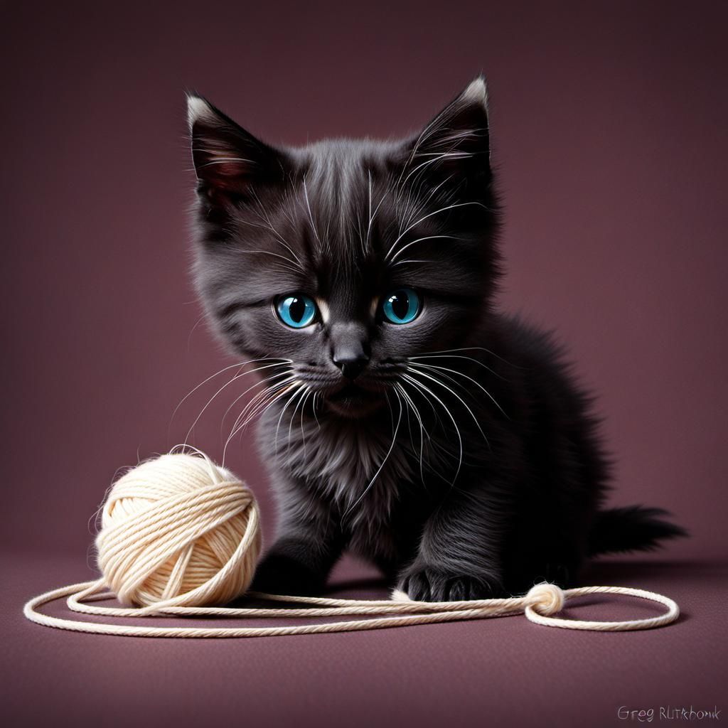 Sinister Kitten Plays with Yarn, Digital Art