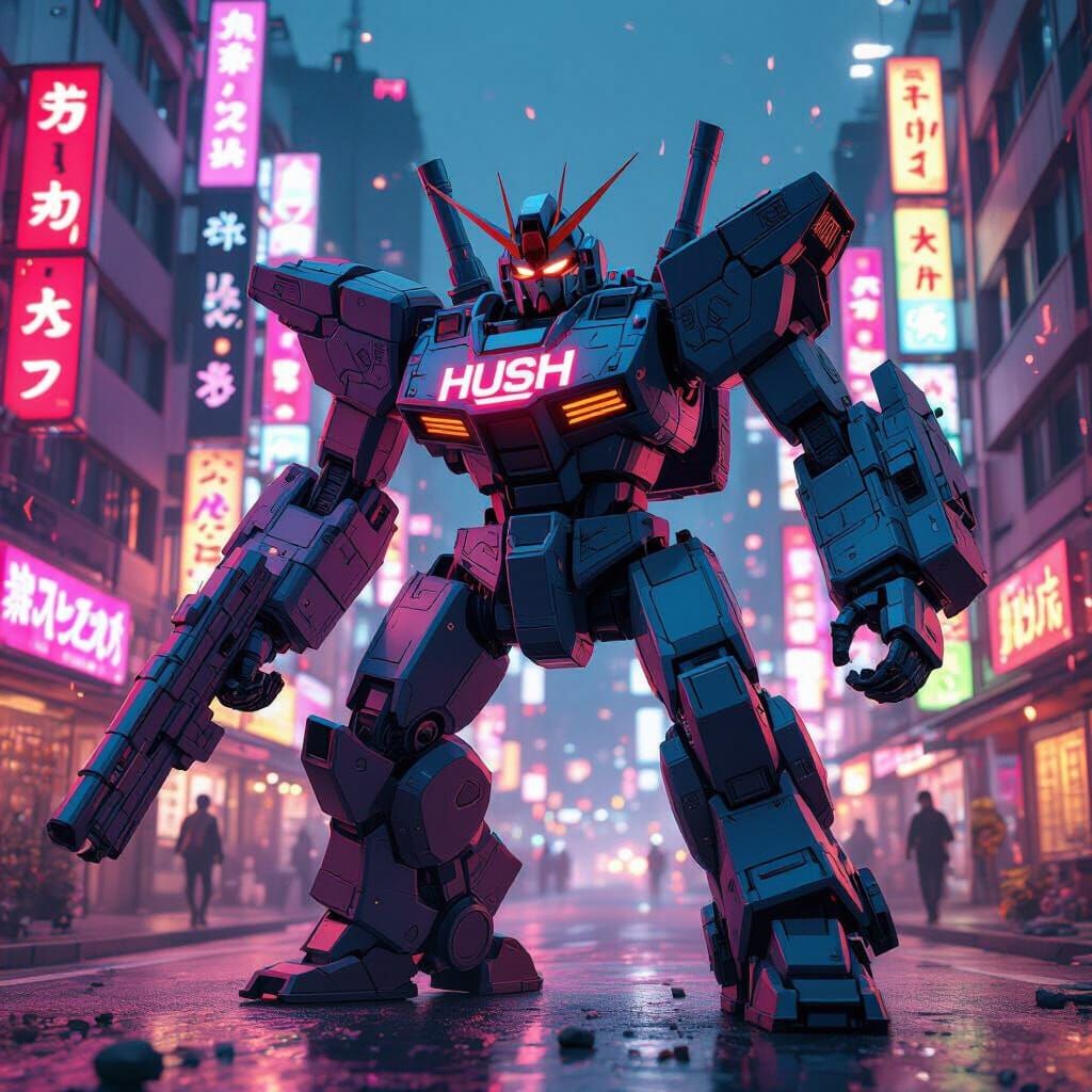 Robot in Battle Stance with HUSH Tattoo, Japanese Cityscape