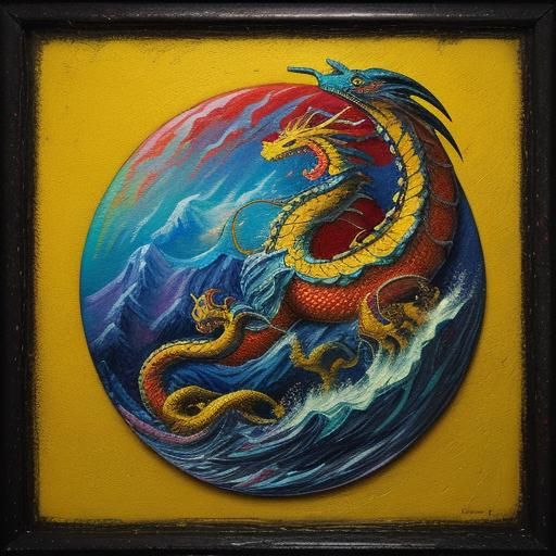 Majestic Dragon Emerges from Tsunami: Expressionist Oil Pain...