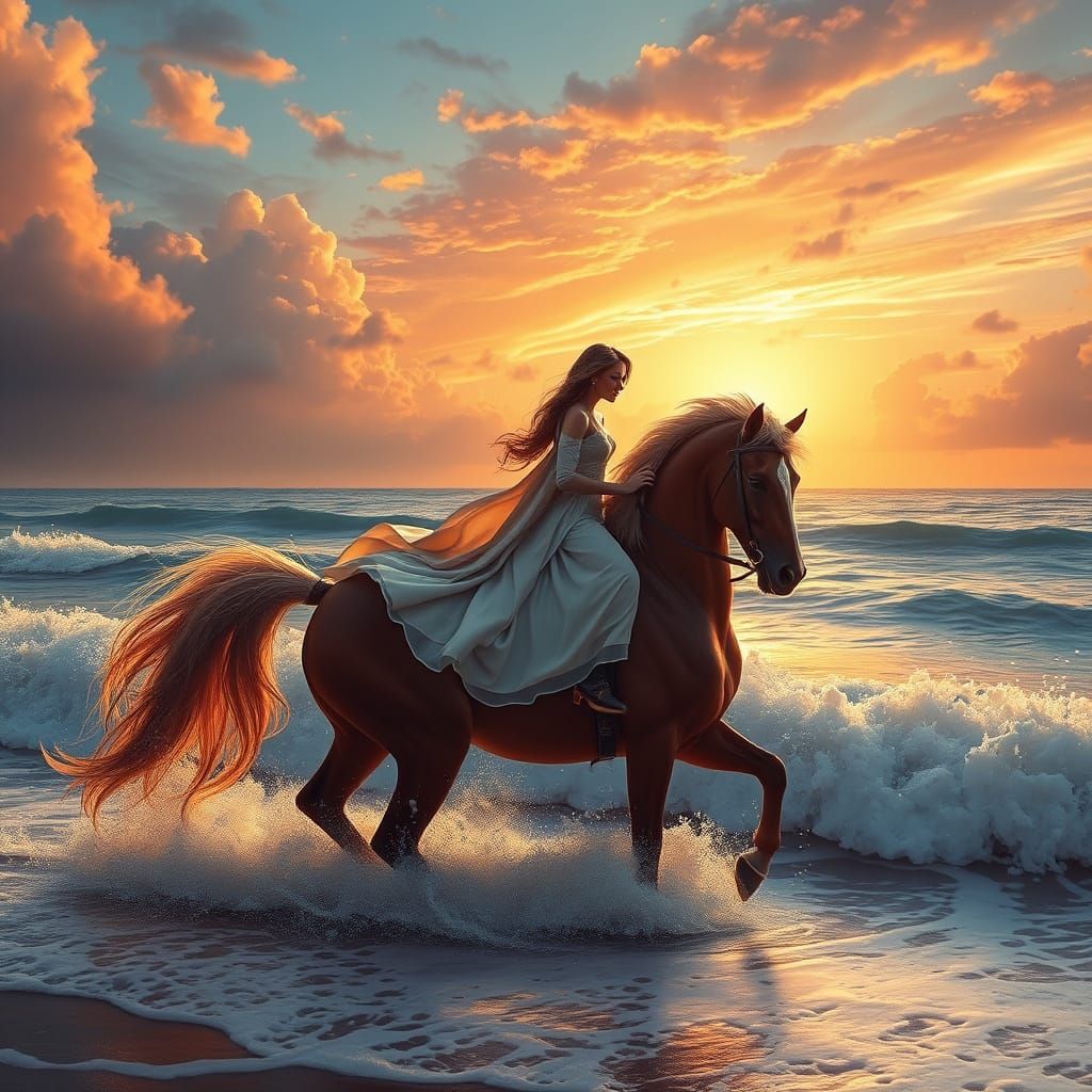 Elegant Woman Rides Horse Under Sunset Seashore