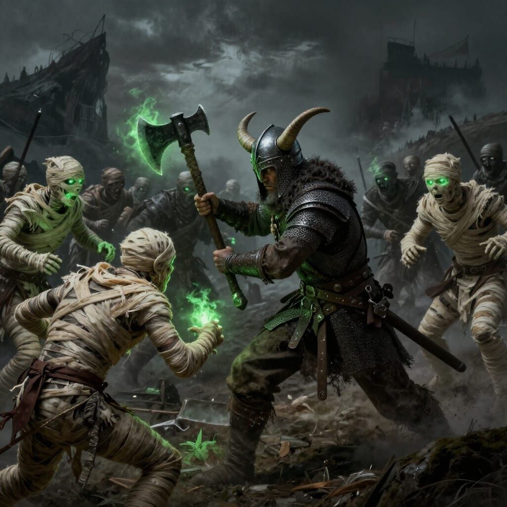 Nordic Warrior Battles Mummy Horde on Dark Hillside