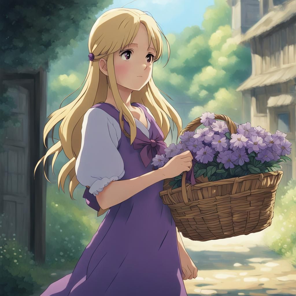 Anime Girl with Flowers in Ghibli Style