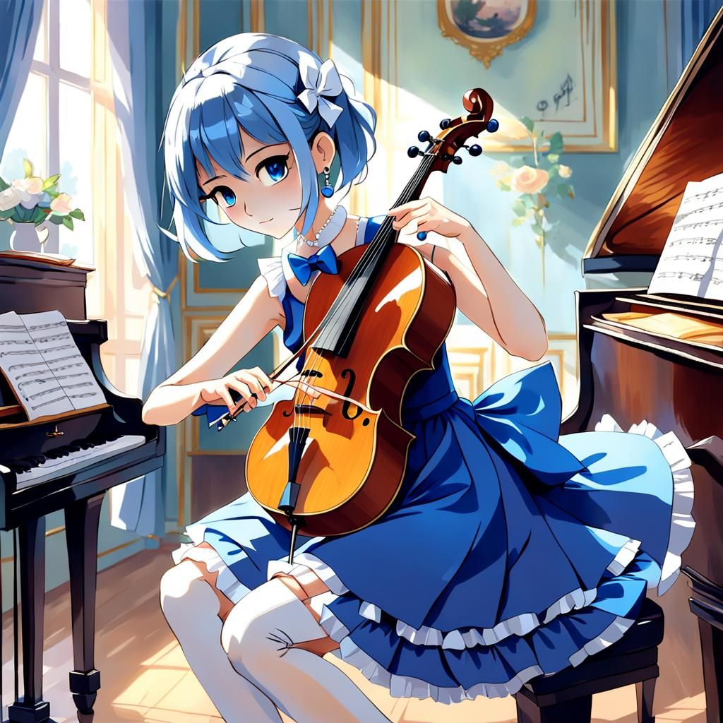Anime Girl Plays Cello at Home