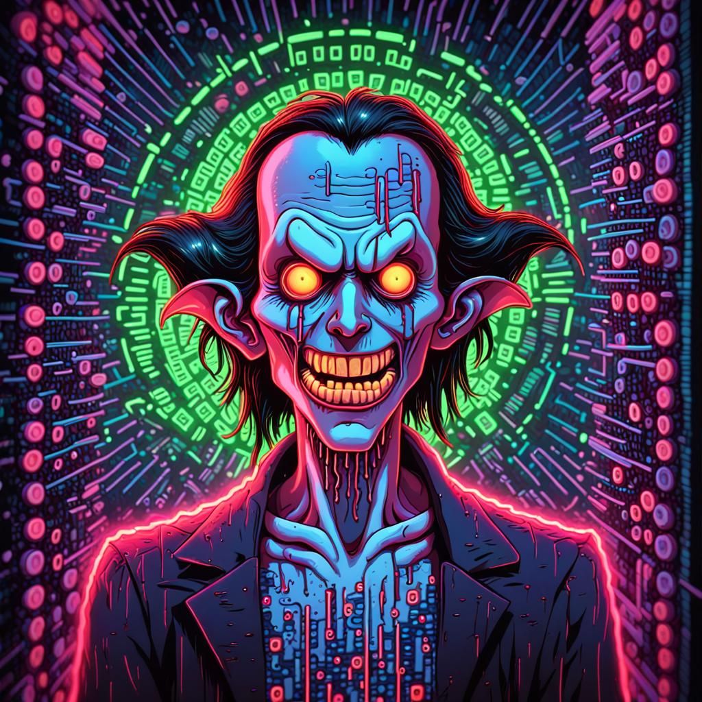Glowing Neon Vampire in Binary Code Art