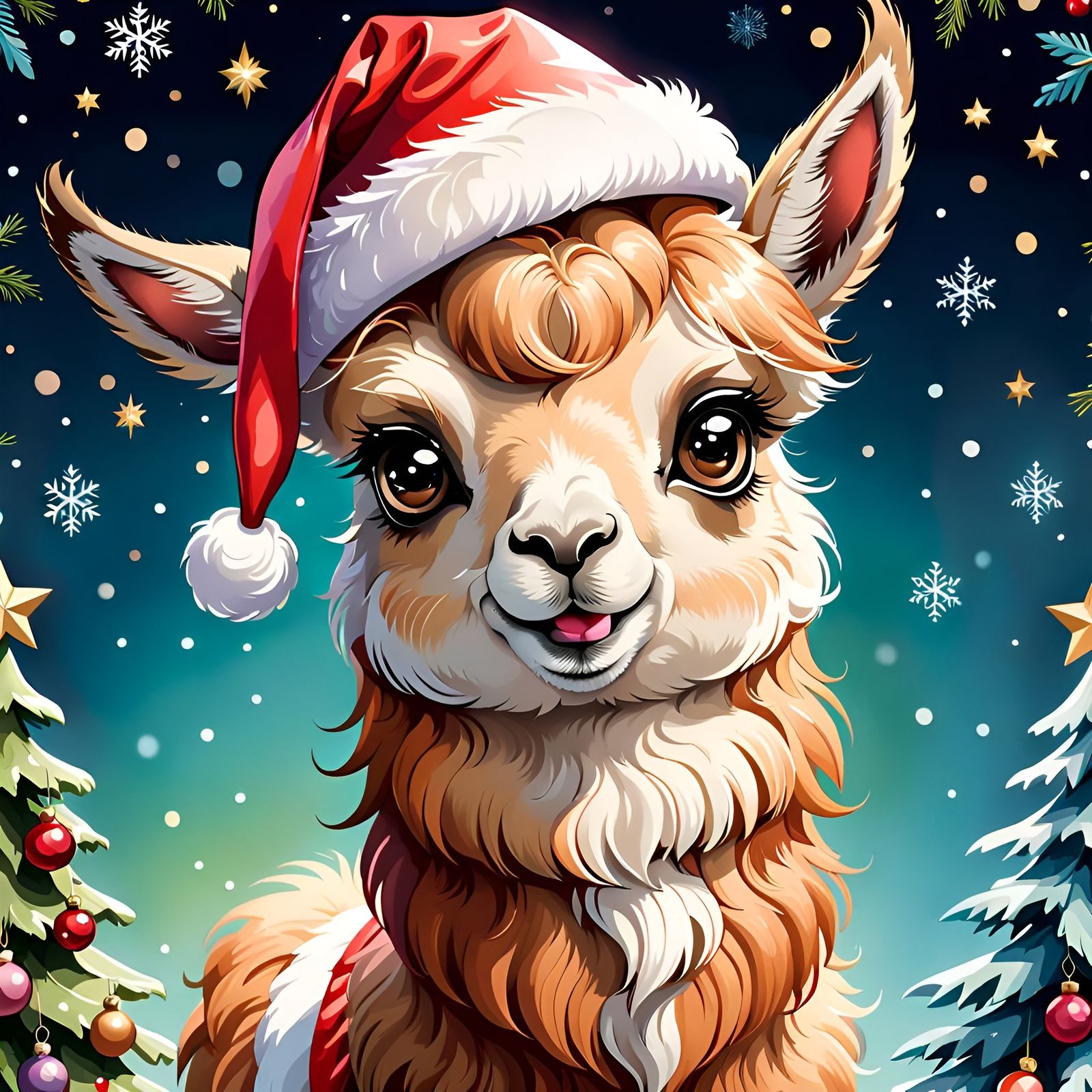 Cute Llama in Santa Hat Watercolor Art